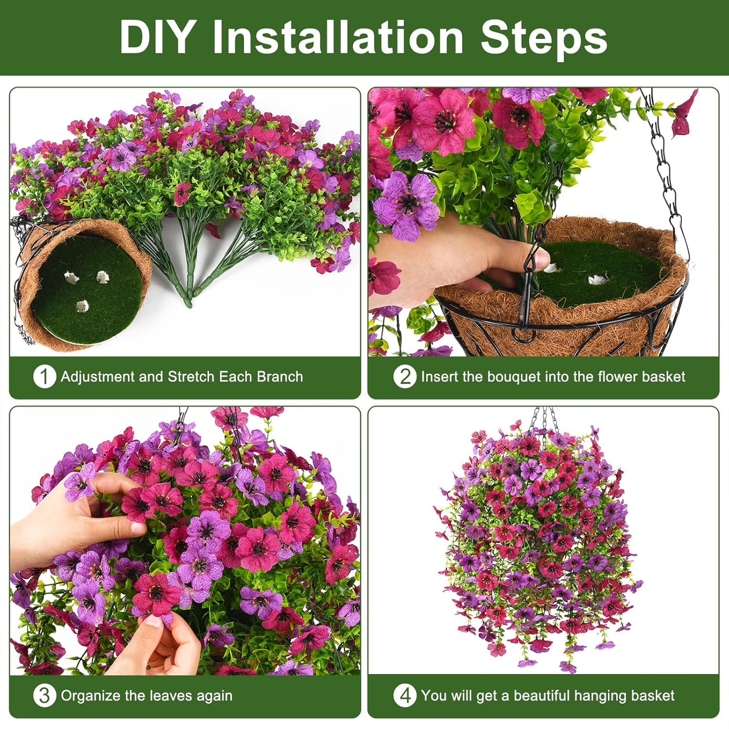 Artificial Hanging Flowers With Basket For Spring Outdoor Decoration 3 Bunches Of Silk Daisy Flower Uv Resistant For Garden Porch Patio Balcony Yard Decor (Purple Red)