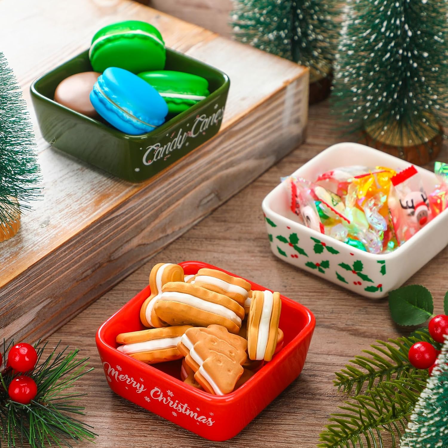 3 Pcs Christmas Sugar Candy Bowl Small Ceramic Bowl Merry Xmas Candy Cane Dish Snowflake Candy Snack Dish For Winter Holiday Party Farmhouse Home Table Tiered Tray Decoration Housewarming Gift