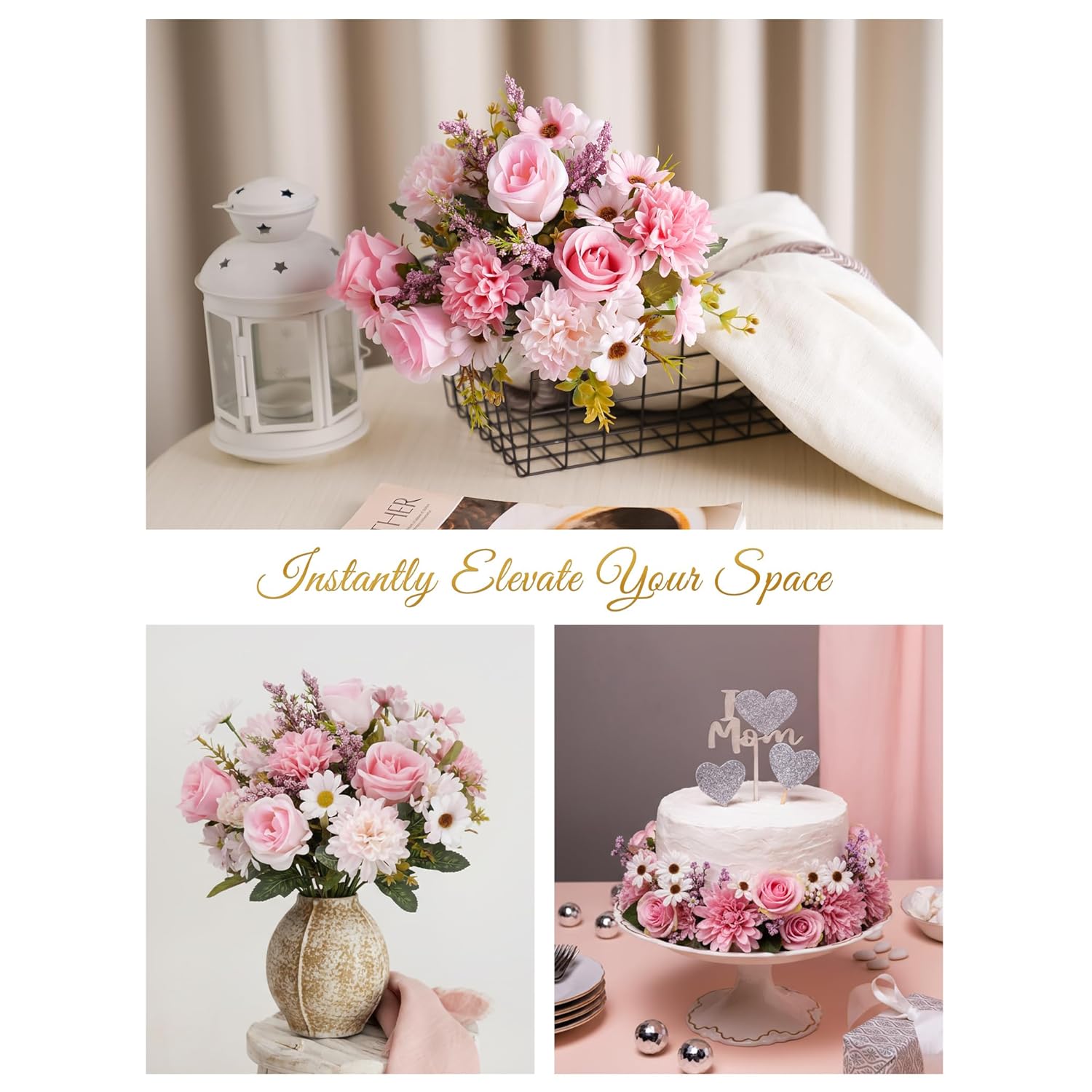 2 Bunches Pink Silk Artificial Flowers Bouquet For Home Décor, Roses, Chrysanthemums & Sunflowers Arrangement With Flexible Stems, Wedding Table Centerpieces