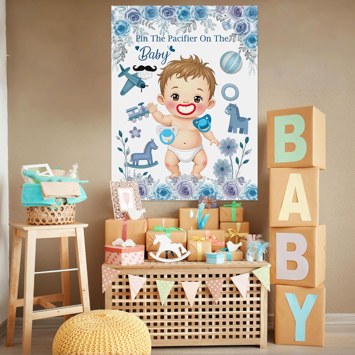 Pin The Pacifier On The Baby Game Include Large Poster 24Pcs Pacifier Stickers Blindfold Set Family Interaction Game For Blue Baby Shower Birthday Party