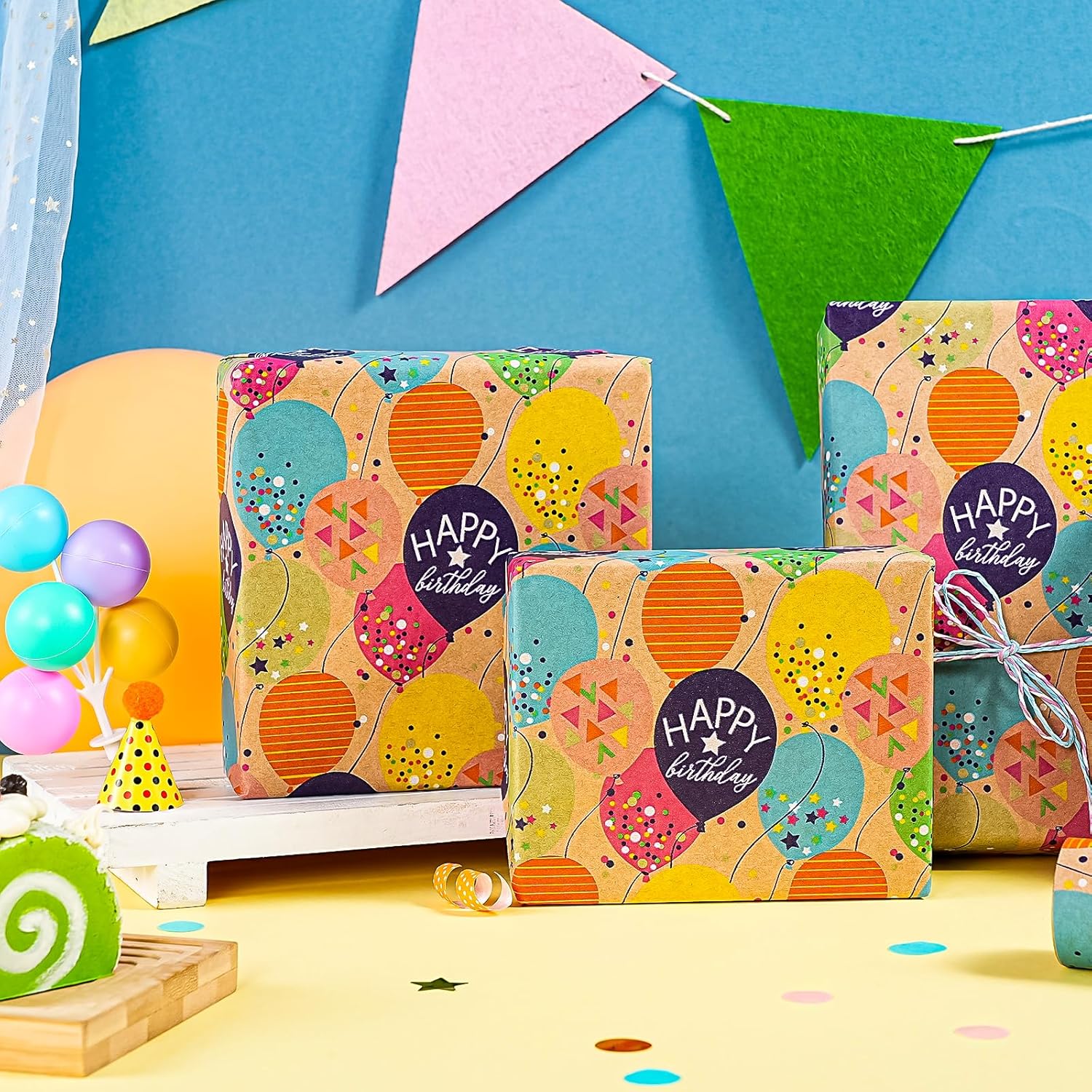 Kraft Birthday Wrapping Paper Roll - Mini Roll - 17 Inch X 9.8 Feet - Colorful Balloon With Confetti Design For Girls Boys Kids, Baby Shower, Party