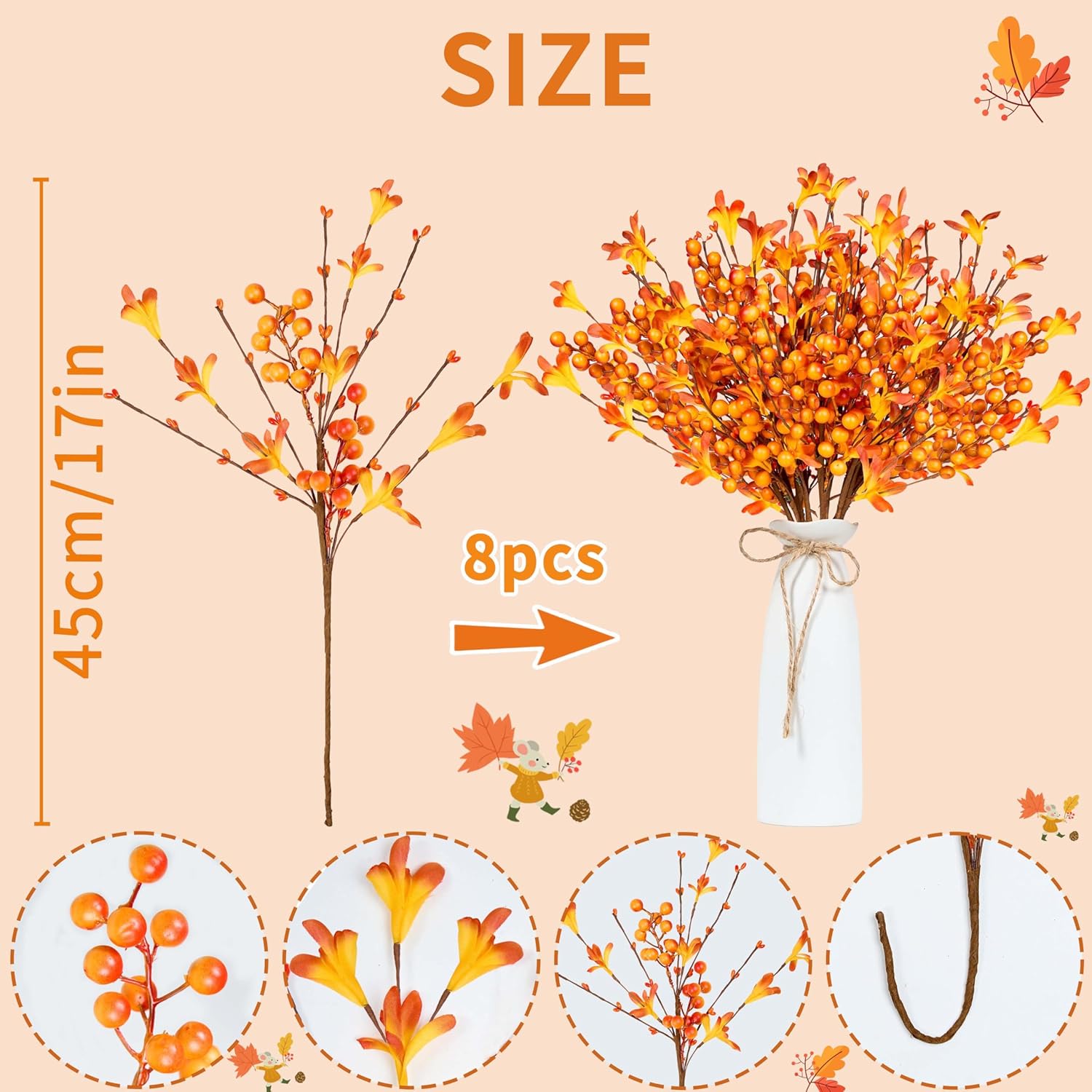 Artificial Fall Flowers 8 Pcs Fall Floral Picks 17 Inch Orange Berry Stems With Berries Flowers For Autumnthanksgiving Harvest Festival Flower Arrangement Vases Centerpieces