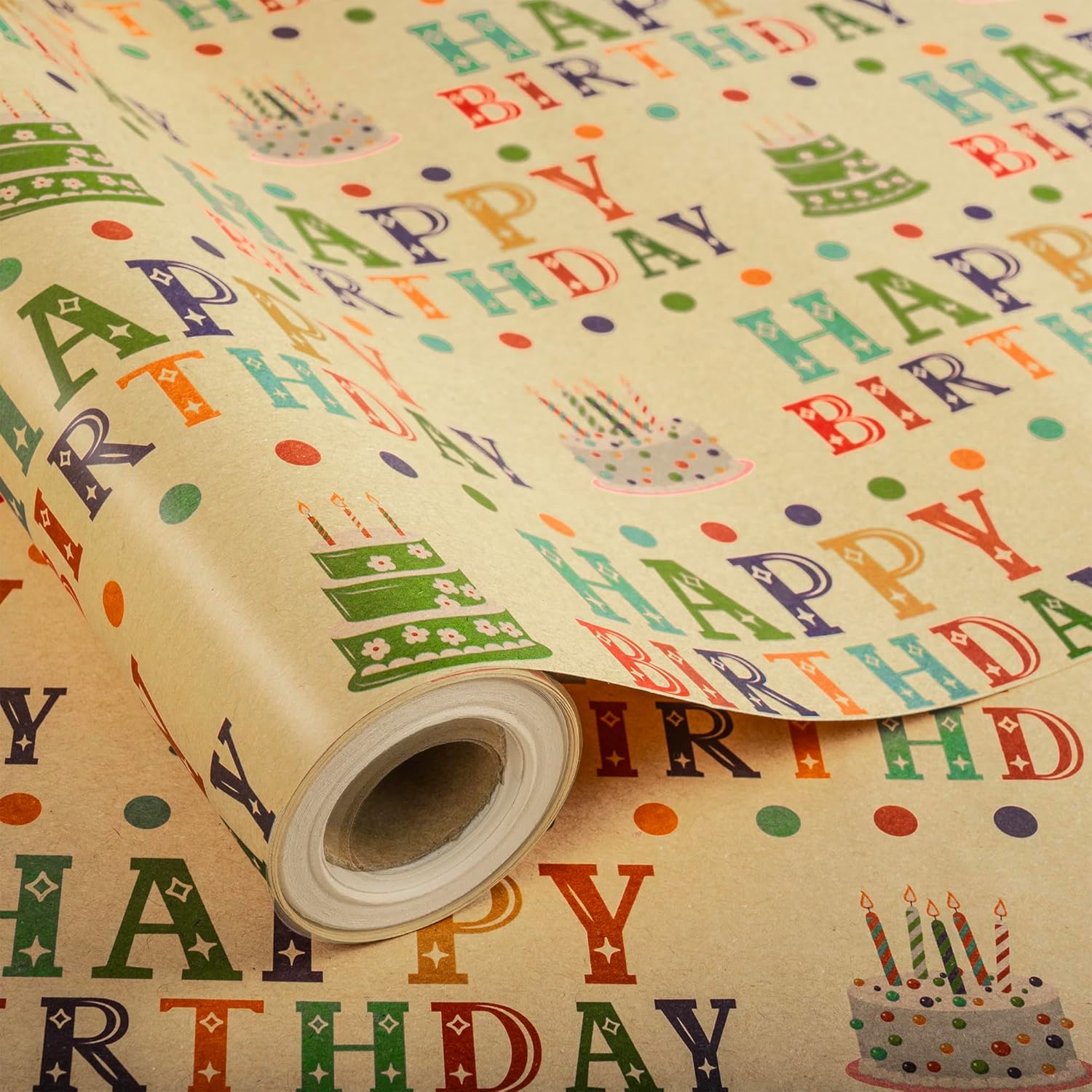 Kraft Birthday Wrapping Paper Roll For Kids Boys Girls - Colorful Cake Happy Birthday Lettering And Dot Design Gift Wrap For Birthday Holiday Party Baby Shower(Total 28.5Sq.Ft)