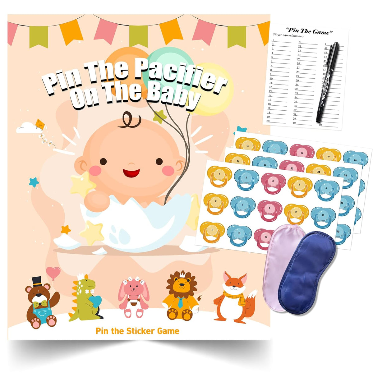 Baby Shower Games Party Favors, Pin The Pacifier On The Baby Games, Babyshower Favors Birthday Party Supplies For Girl Boy - 48 Guests