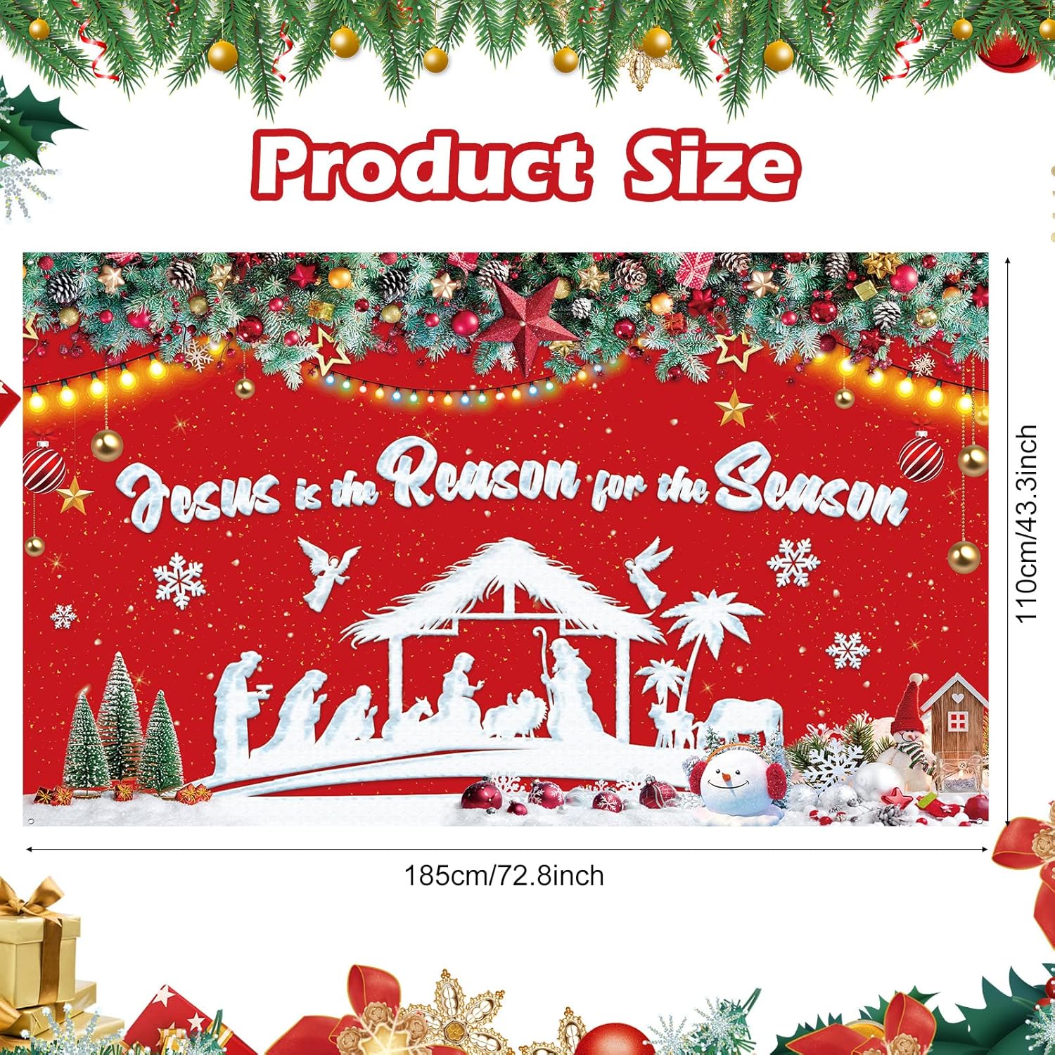 Christmas Nativity Decoration Christmas Backdrop Banner Jesus Is The Reason For The Season Party Photography Background Xmas Birth Of Jesus Decor For Christmas Winter Party Supplies, 72.8 X 43.3 Inch