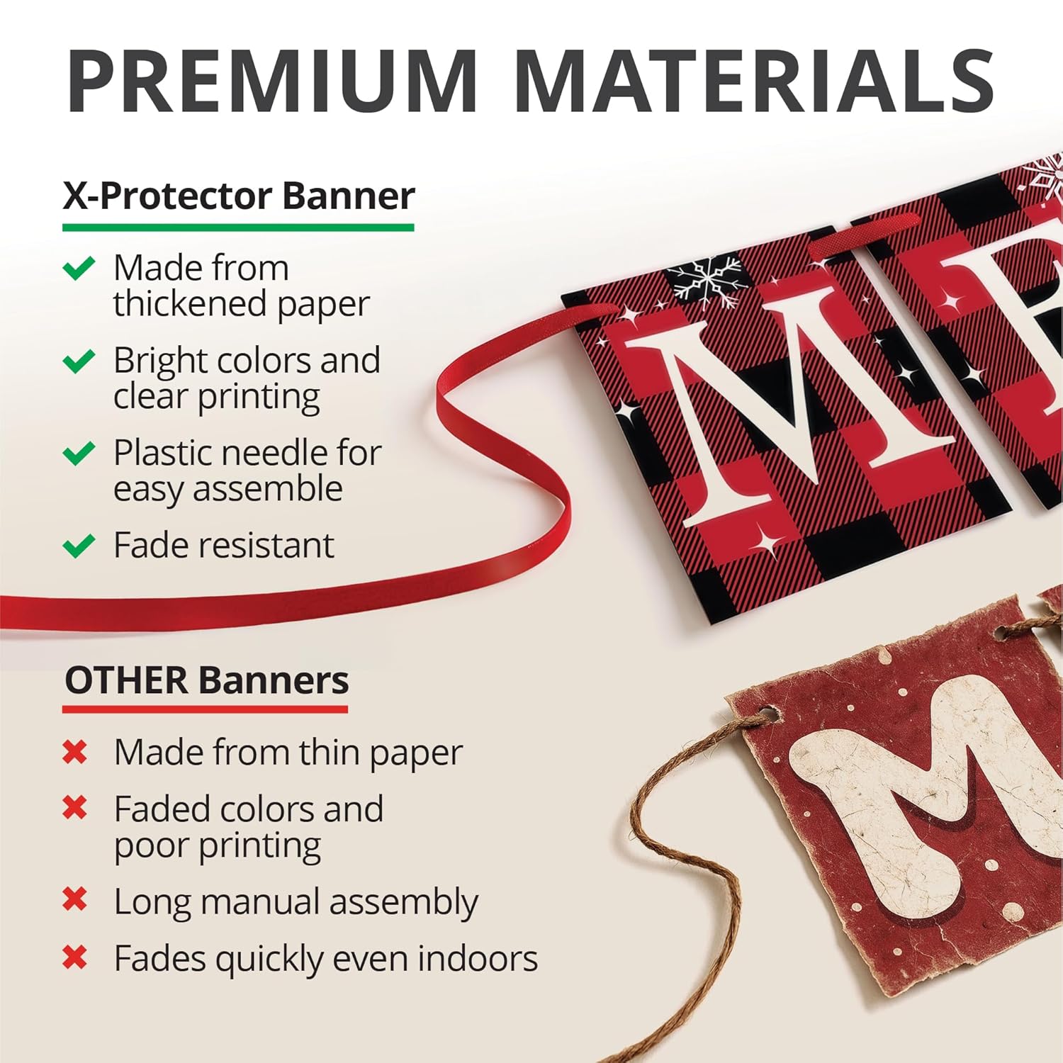 Merry Christmas Banner - Buffalo Plaid Merry Christmas Sign For Fireplace Mantel - Premium Indoor Xmas Decorations For Home & Party - Living Room Christmas Decorations For Mantle!