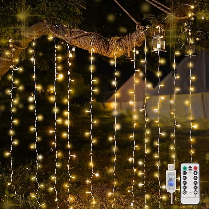 200 LED Curtain Lights Warm White Hanging Fairy String Lights for Bedroom Window Wall Wedding Party Decor