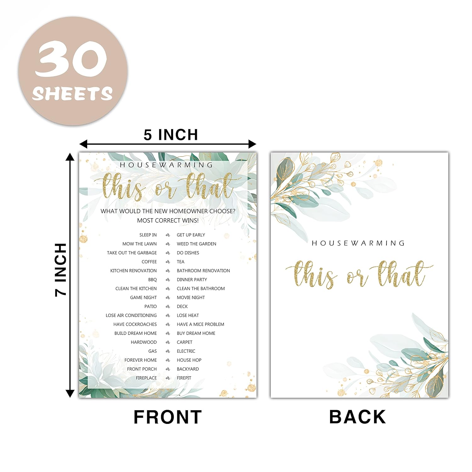 Housewarming Party Games, This Or That, Greenery Floral Golded New Home, New House, New Homeowner Party Games Cards, 30 Sheets Each Pack