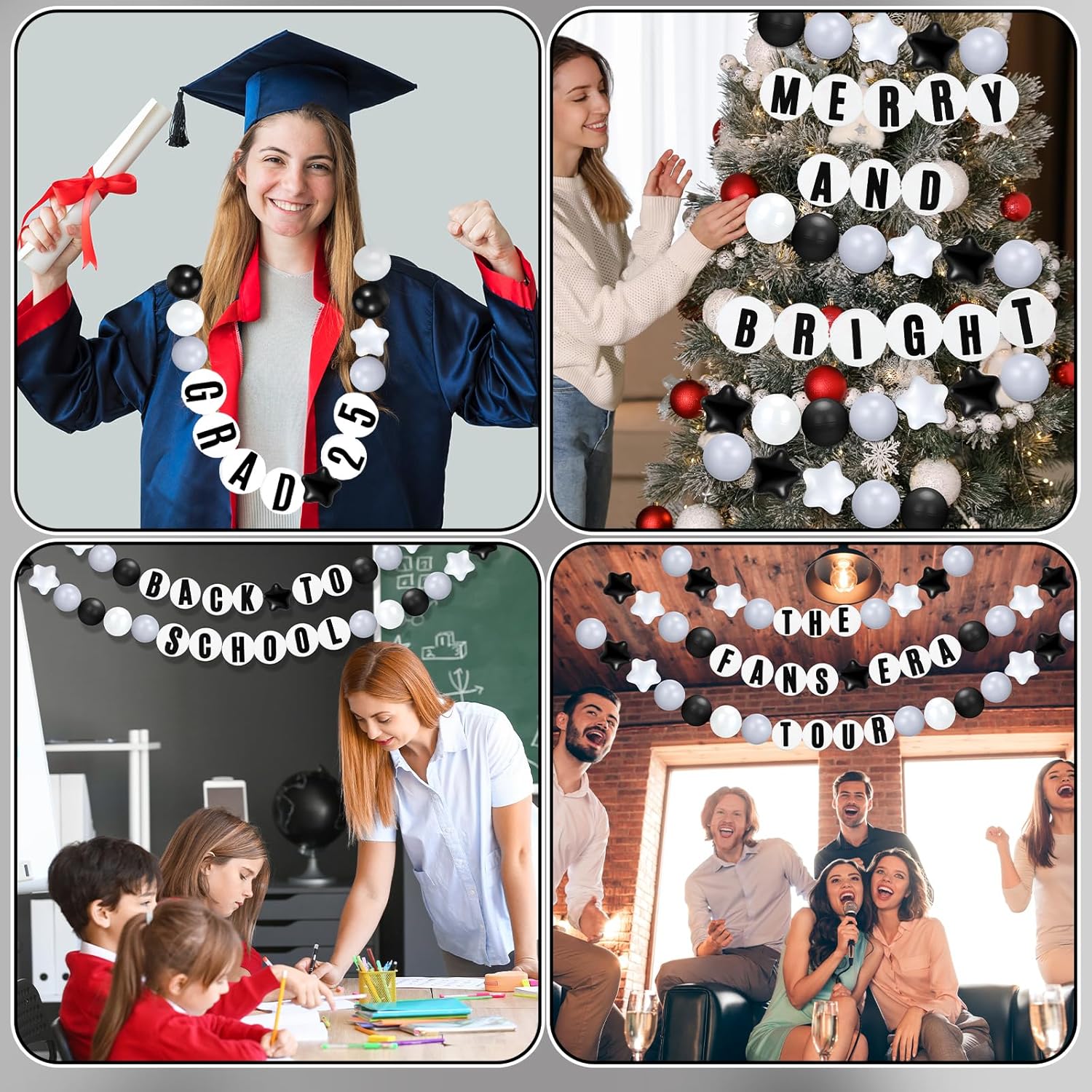 103 Pcs Giant Friendship Bracelet Garland Diy Birthday Halloween Christmas Jumbo Friendship Bracelet Banner Kit Famous Singer Customizable Party Wedding Decor(White Gray Black)