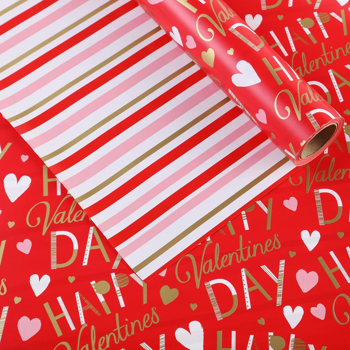 Red Wrapping Paper Roll, 17 Inch X 32.8 Feet, Happy Valentine'S Day - Colorful Stripes Design Gift Wrap For Valentine'S Day, Wedding, Bridal Shower, Birthday, Baby Shower, Party