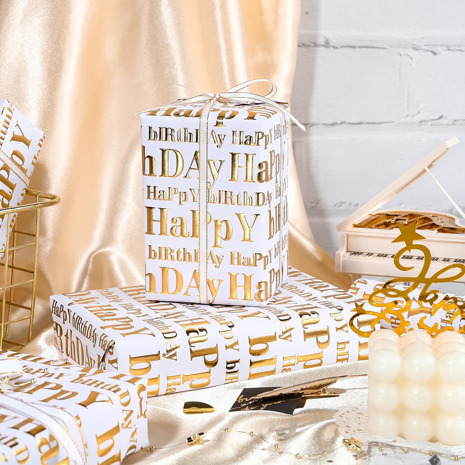 3D Kraft Birthday Wrapping Paper Roll - Mini Roll - 17 Inch X 16.5 Feet - Gold And White Happy Birthday Lettering Design With Embossed Perfect For Holiday, Party Celebration