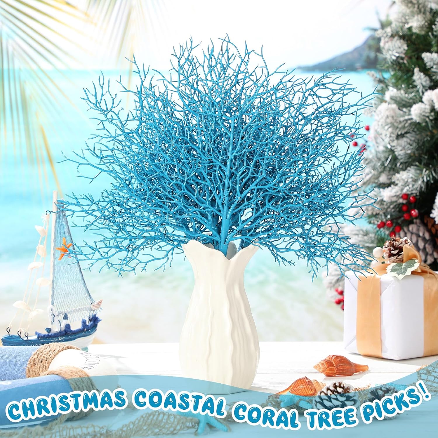 6 Pcs Blue Coastal Ornaments For Christmas Tree Pick 16.9 Inch Coral Coastal Ocean Branch Picks Xmas Artificial Flowers Tree Filler Twigs For Wreath Vase Gift Display