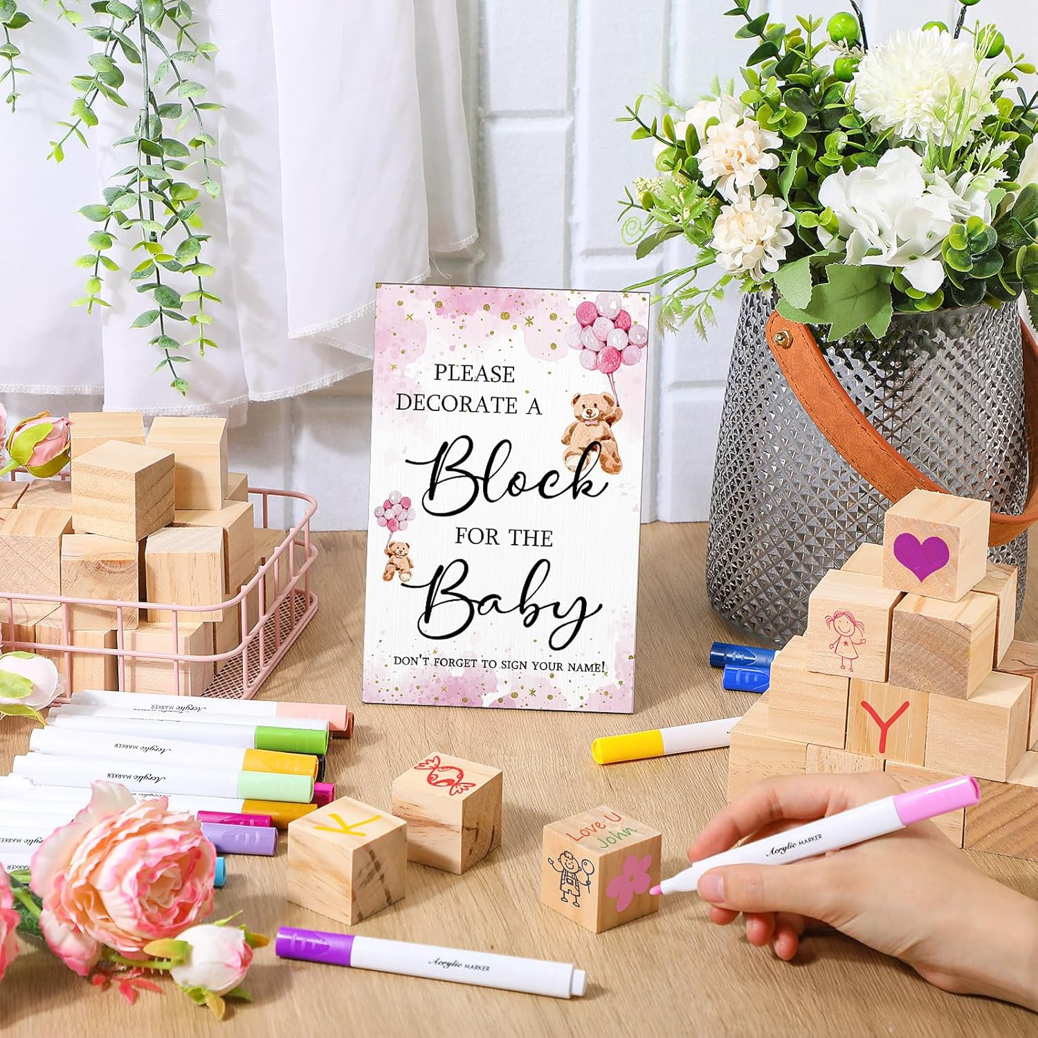 75 Pcs Baby Shower Games Sign Kit Including Decorate A Block Game Sign 50 Diy Blank Wooden Block 24 Acrylic Paint Marker Baby Shower Prize For Winners Gender Reveal, Bear, Pink