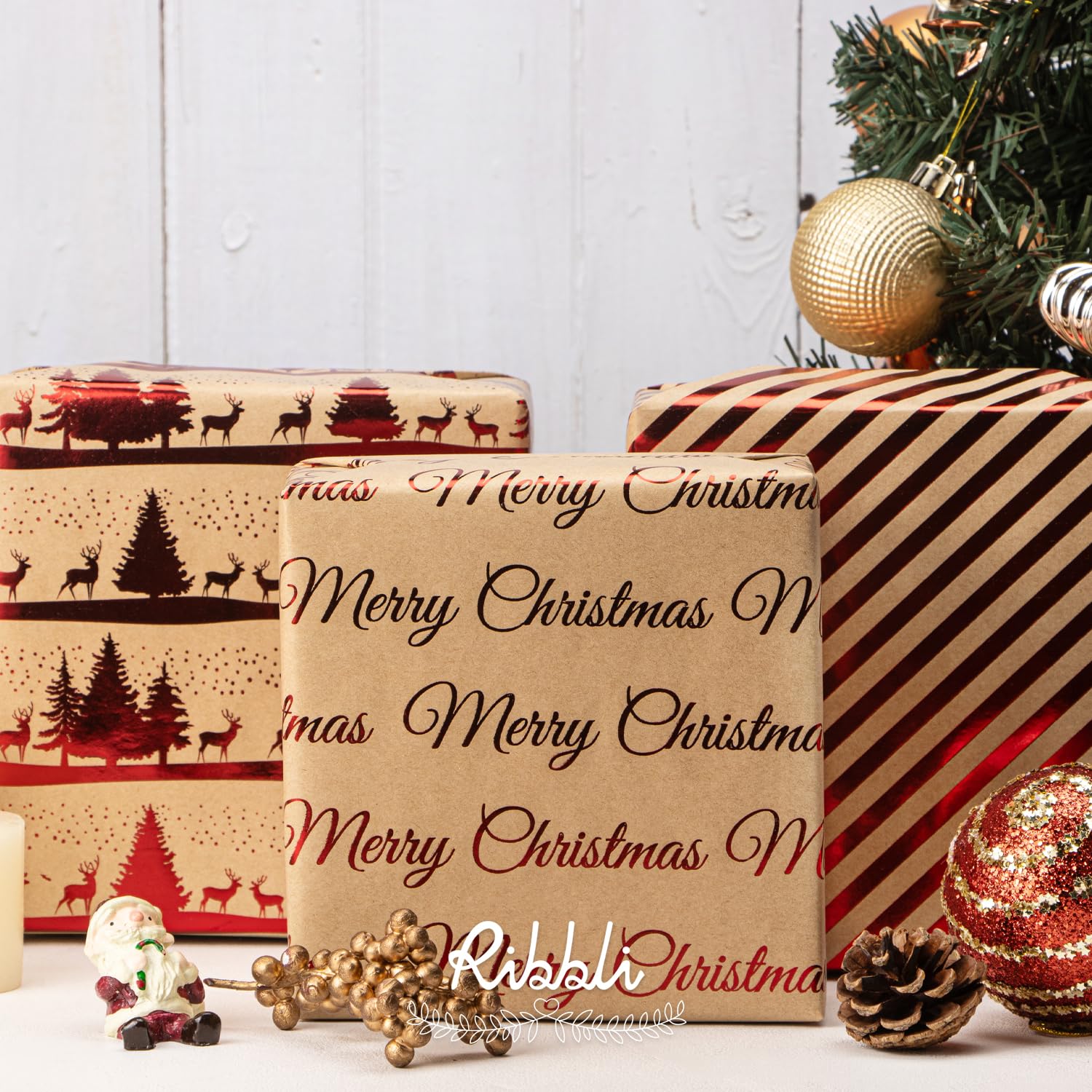 3 Rolls Christmas With Red Foil Kraft Wrapping Paper Rolls,Mini Roll-17 Inch X 10 Feet Per Roll