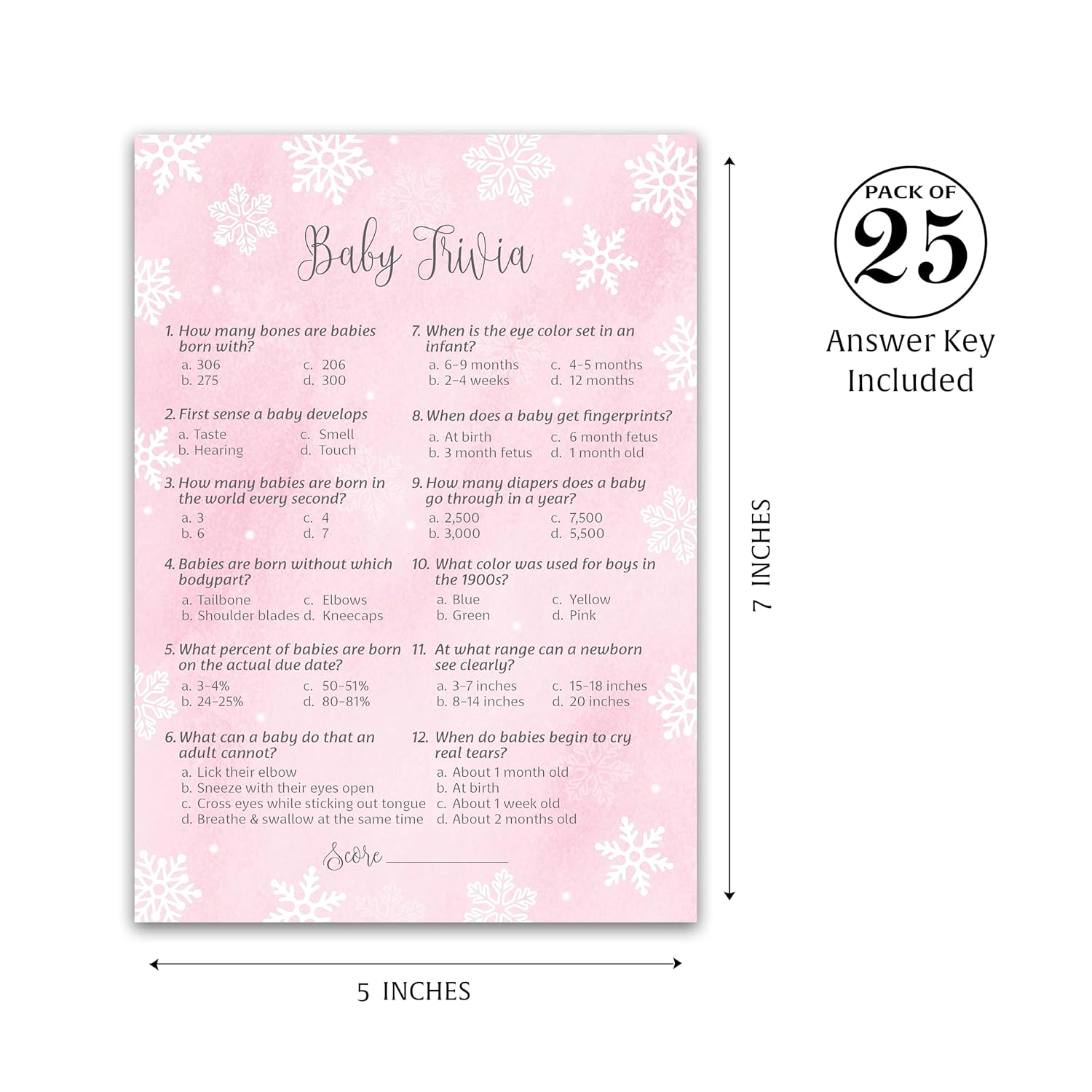 Snowflakes Girl Baby Shower Games – Baby Trivia Game Cards (25 Pack) – Winter Wonderland Pink Activity – It'S Cold Outside, Holiday Fun Facts Gender Reveal, Couples Party G780-Trv