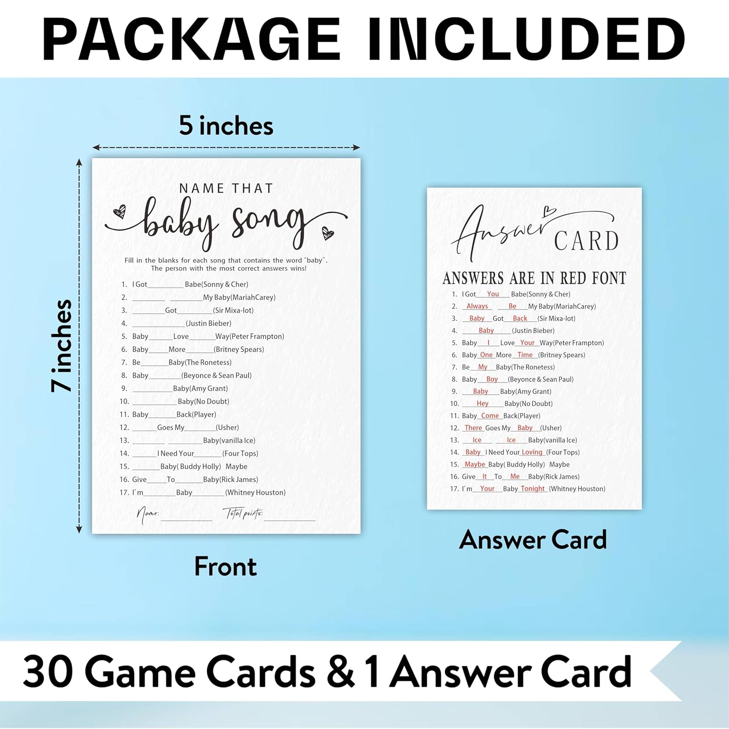 Baby Shower Games For Boy Or Girl, Name That Baby Song, Funny Baby Shower Game Cards, Gender Neutral, Baby Shower Party Supplies & Decorations, 30 Game Cards & 1 Answer Card -A11