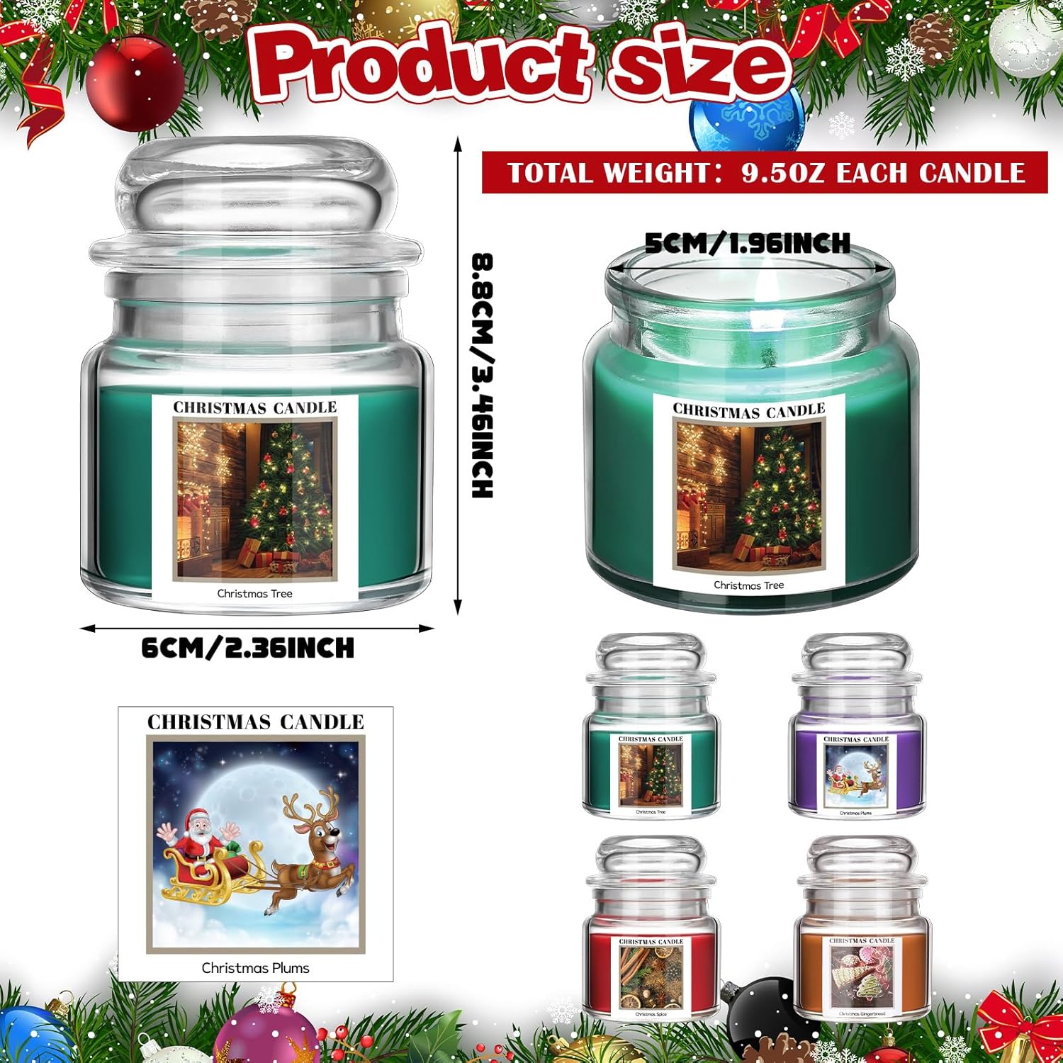 4 Pcs Christmas Candle Set Scented Candles Gift 9.5 Oz For Women Men, Xmas Scents Of Christmas Tree Cookies Spice Plums