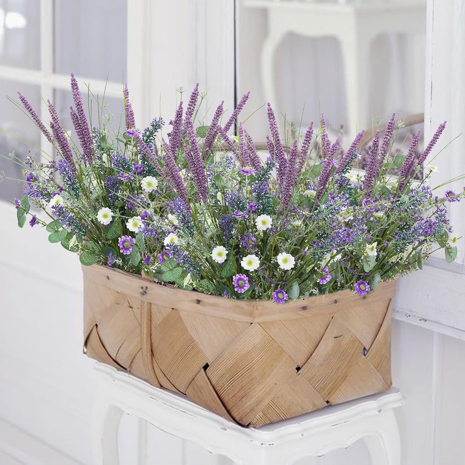 19.6" Fake Lavender Flowers Artificial Purple 5Pcs Faux Florals Plastic Flowers With Daisies Bulk Bush Spring Summer For Garden Porch Table Centerpieces Home Kitchen Wedding Decorations