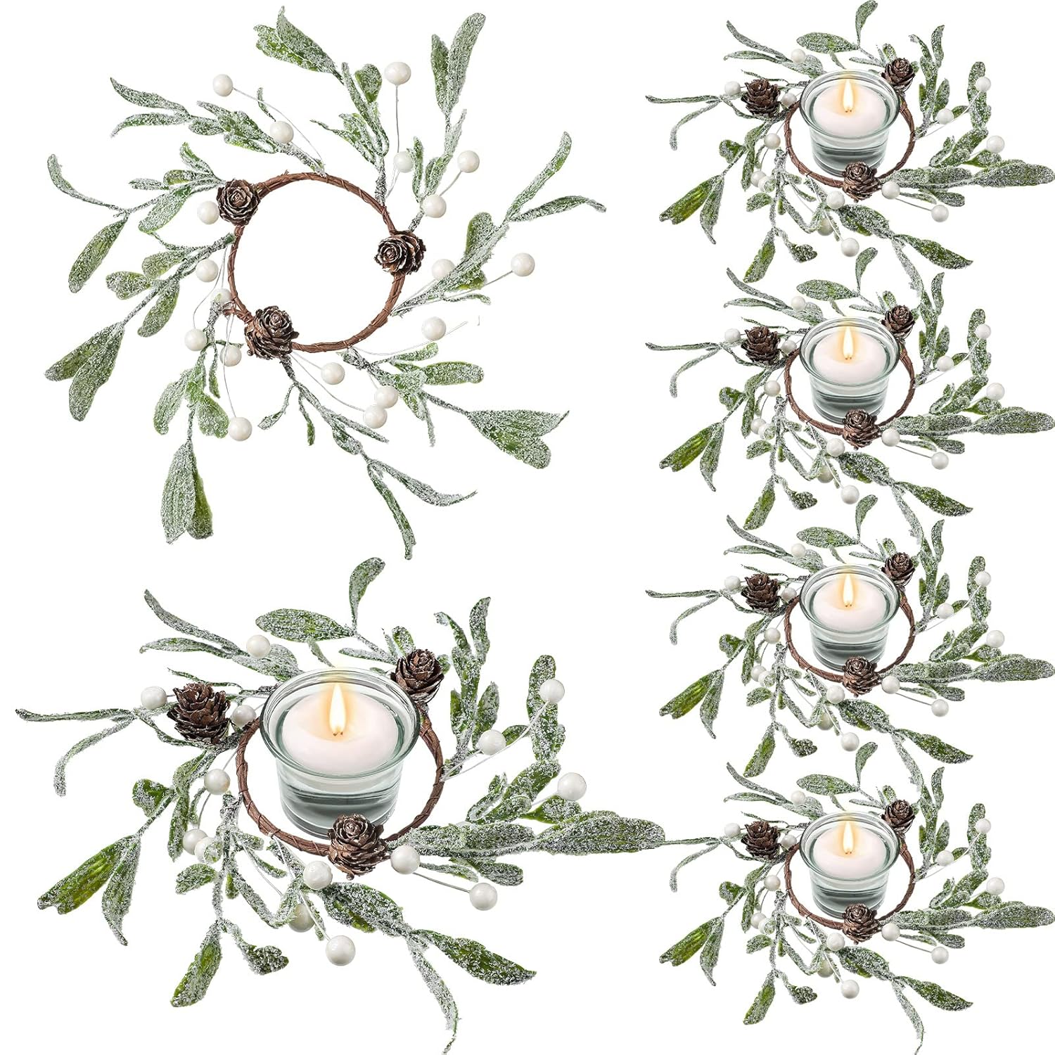 6 Pieces Christmas Pillar Candle Rings Frosted Mistletoe Wreaths With Pearl Accents Artificial Wreath Holiday Candle Rings For Holiday Parties And Home Decor