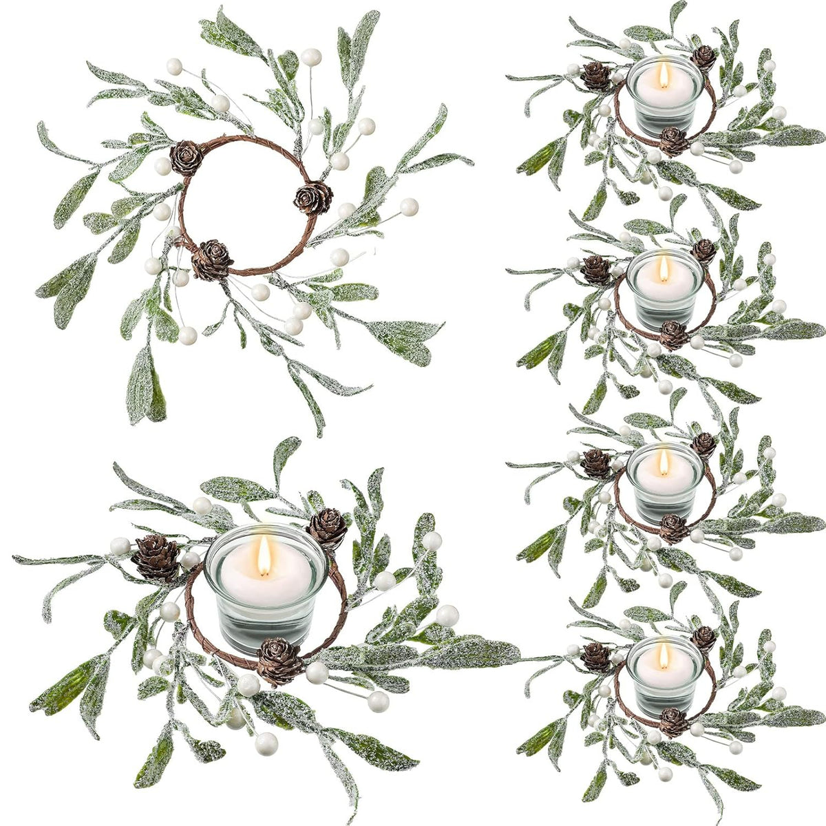 6 Pieces Christmas Pillar Candle Rings Frosted Mistletoe Wreaths With Pearl Accents Artificial Wreath Holiday Candle Rings For Holiday Parties And Home Decor