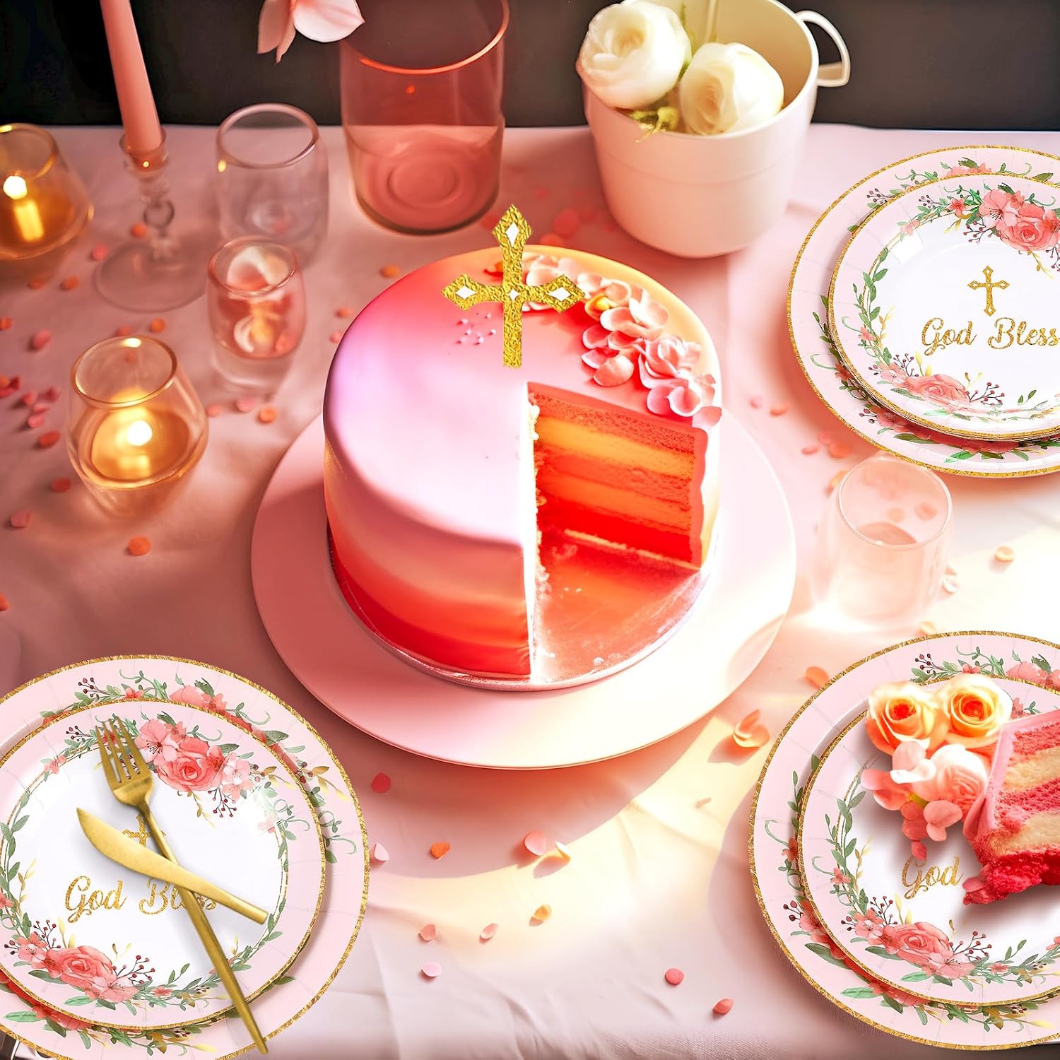 96 Pcs God Bless Baptism Plates Bulk 7'' 9'' First Holy Communion Paper Plates Disposable Newborn Religious Dinnerware For Christening Celebration Church Baby Shower Christmas(1St Communion)