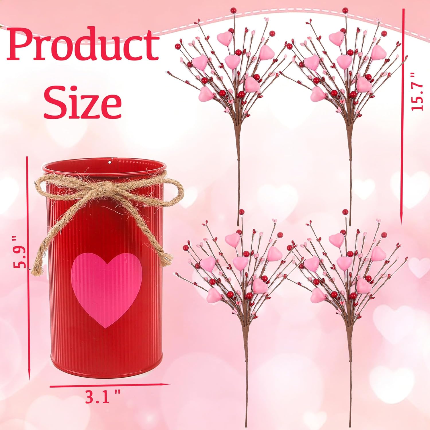 Cute Valentine'S Day Decorations, Artificial Pink Heart Shaped Berry Stems With Metal Pot, Valentines Decor For Table Mantel, Valentines Day Floral Picks For Home School Office Party Wedding
