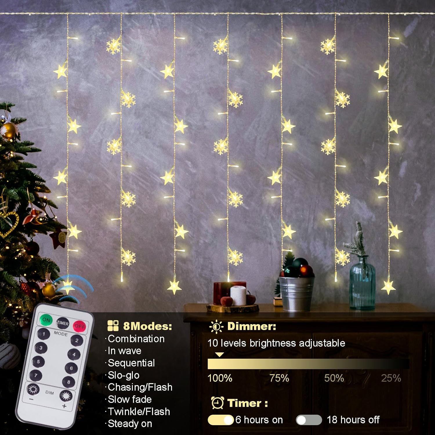 8 Modes Christmas Curtain String Lights With Snowflake And Star, Usb Plug In Wall Lights Christmas Decorations Indoor, X