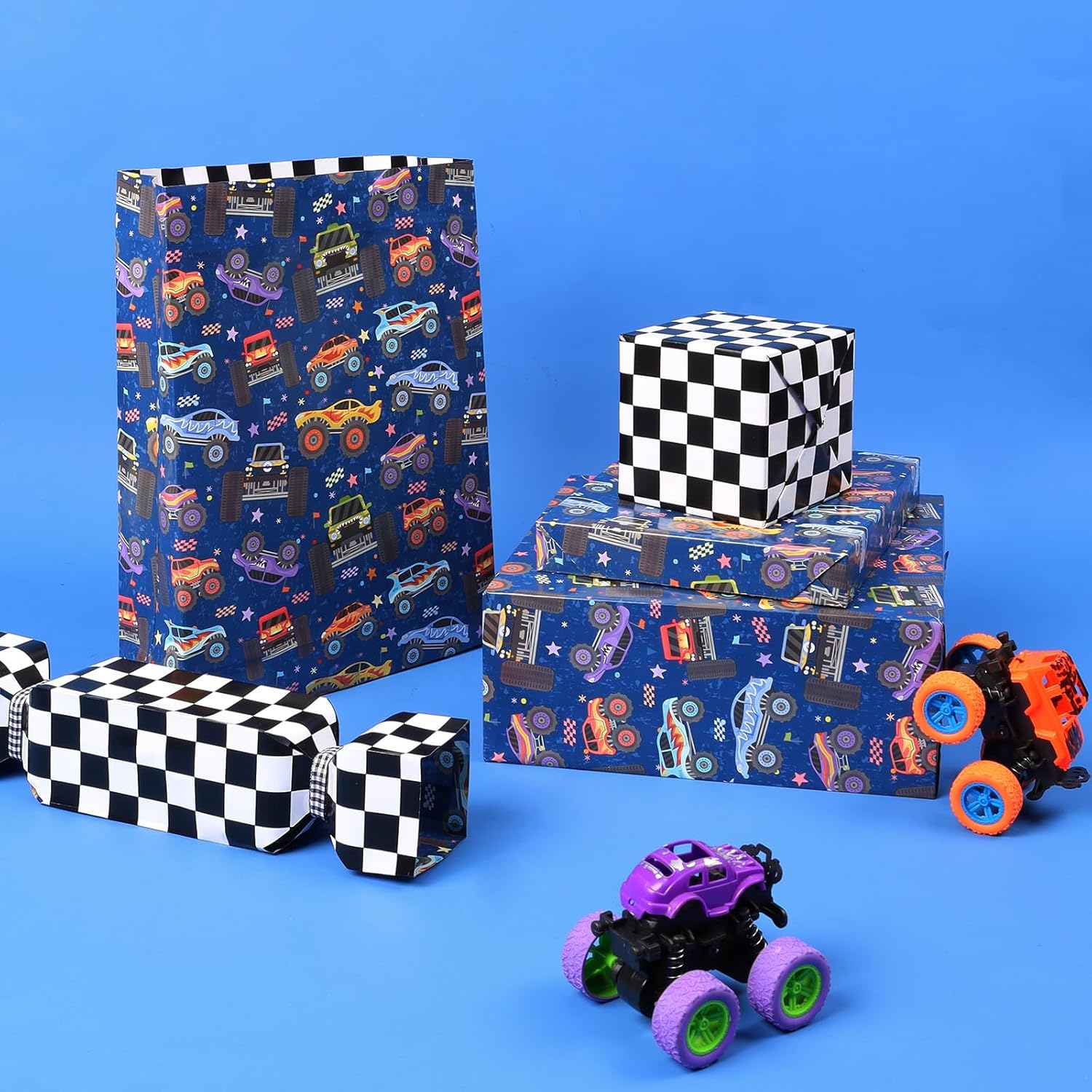 Monster Truck Reversible Wrapping Paper Mini Roll, Checkered Flag Design, Perfect For Kids And Boys Birthdays, 17" X 33'(46.7 Sq. Ft)