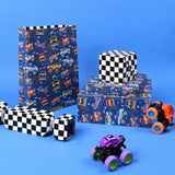 Monster Truck Reversible Wrapping Paper Mini Roll, Checkered Flag Design, Perfect For Kids And Boys Birthdays, 17" X 33'(46.7 Sq. Ft)