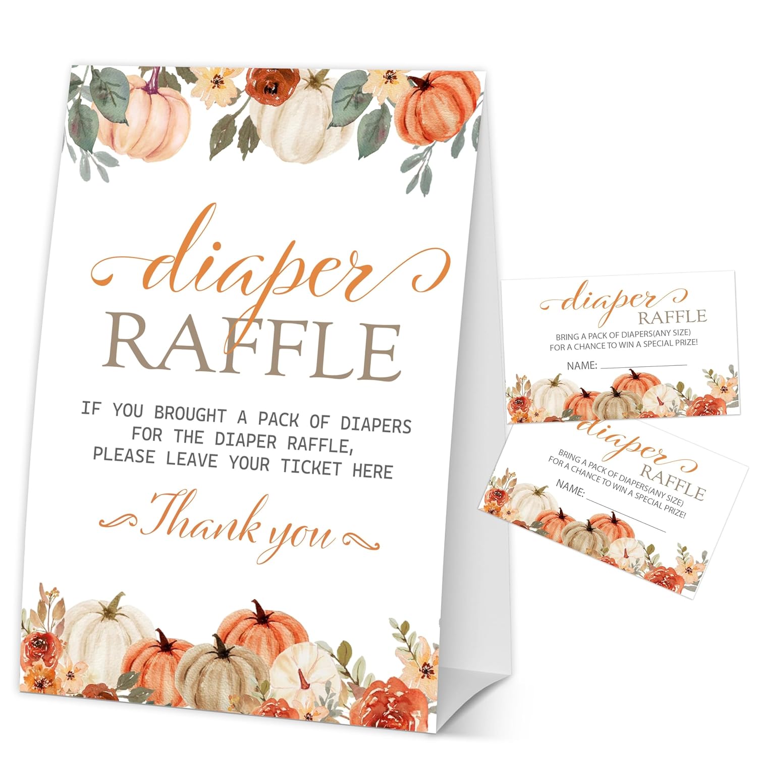 Thanksgiving Diaper Raffle Tickets, Fall Pumpkin Baby Shower Raffle Tickets For Gender Reveal Party Games, Autumn Baby Shower Decorations, 1 Sign & 50 Guess Cards-A04