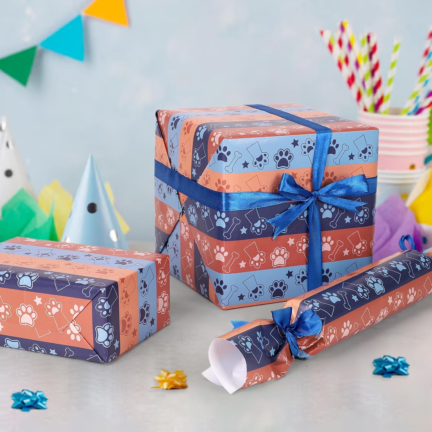 Blue Orange Dog Wrapping Paper, 8 Sheets Cartoon Puppy Paw Patterns Gift Wrap Paper For Kids Boys Girls Happy Birthday Baby Shower Theme Party Greeting Holiday Decoration Supplies| 19.7×27.6 Inch