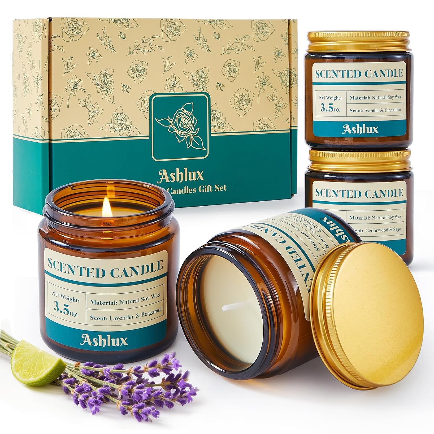 4 Pack Scented Candles As Candle Gift Set, Candle Set For Women, Long Lasting Soy Wax Amber Jar Aromatherapy Candles For Stress Relief, Home Decoration, Birthday, Valentine'S Day