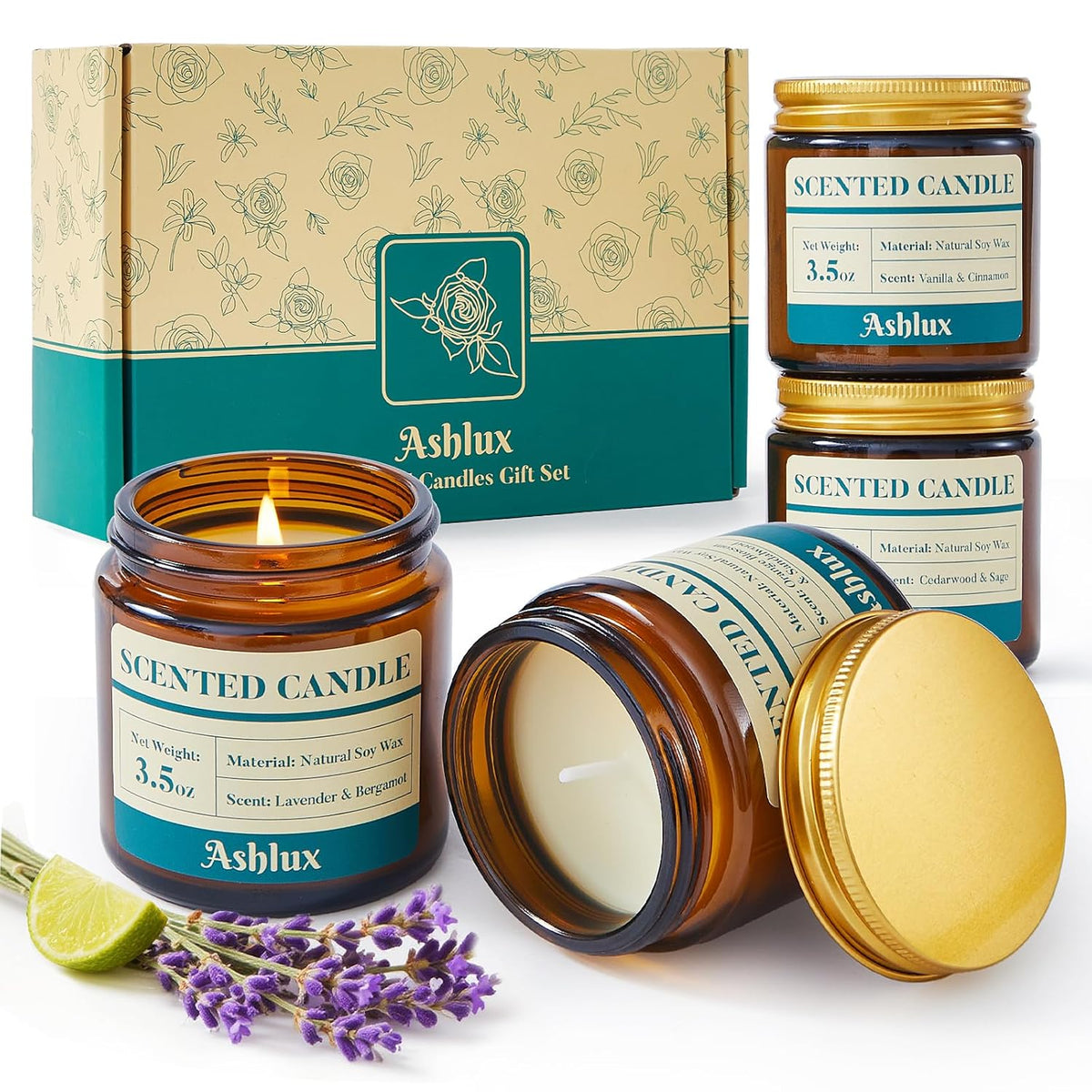 4 Pack Scented Candles As Candle Gift Set, Candle Set For Women, Long Lasting Soy Wax Amber Jar Aromatherapy Candles For Stress Relief, Home Decoration, Birthday, Valentine'S Day