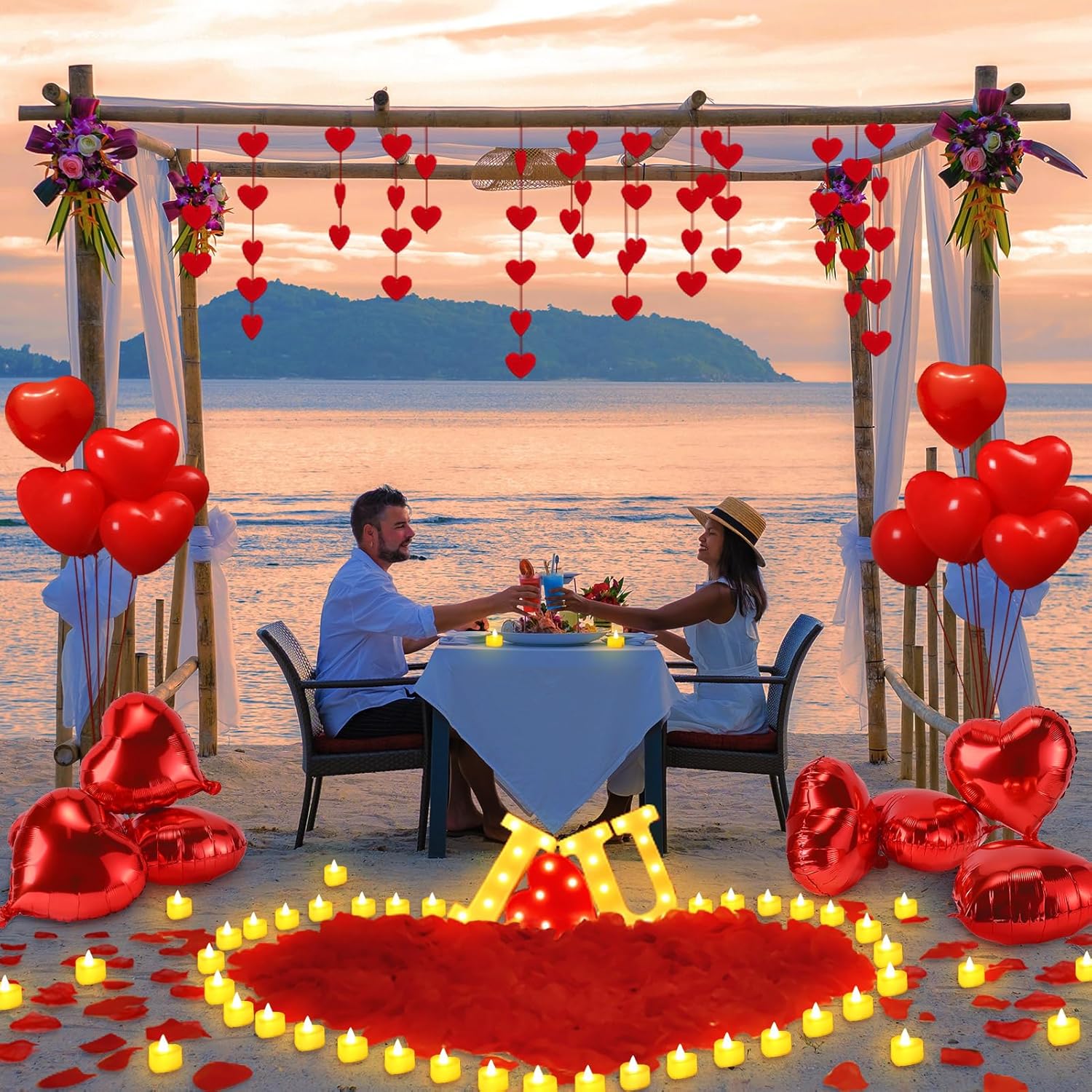 Happy Anniversary Valentines Day Decorations, Romantic Special Night Decor, Rose Petals & Candles Set, I Love You Signs & Balloons, Felt Heart Strings & Foil Balloons