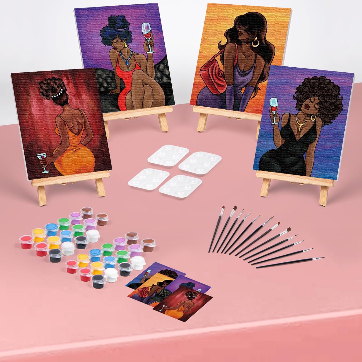 4 Pack Sip And Paint Kit For Adults Pre Drawn Canvas For Painting Pre Printed Stretched Canvas Diy Art Party Set Date Night Girls Game (Chic Lady,8X10 Inches)