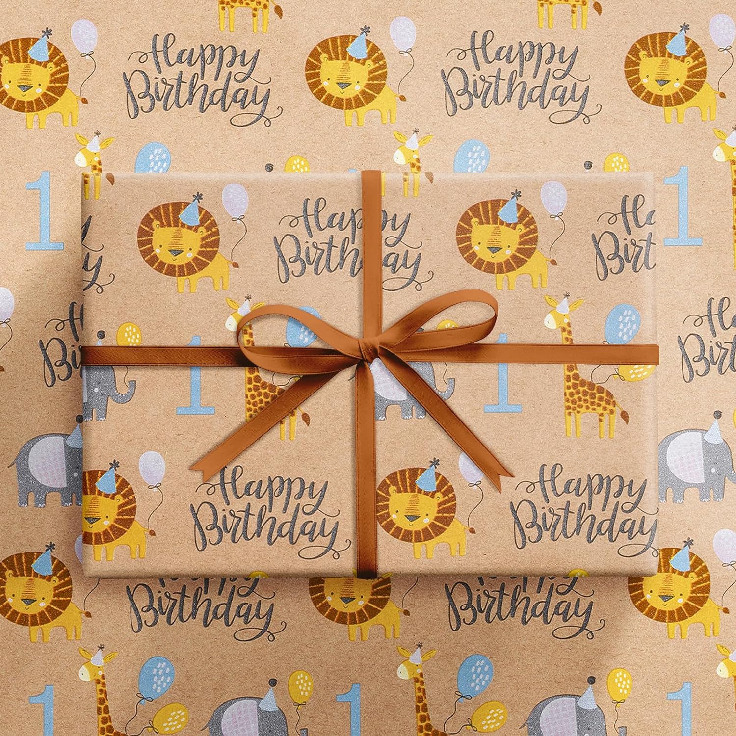 1St Birthday Wrapping Paper Roll, Jumbo Roll, Jungle Animal Gift Wrap Paper, Cute Lion, Elephants, Giraffe Kraft Paper For Age 1 Kids, Baby Shower, Birthday And More, 30 Inches X 32.8 Feet