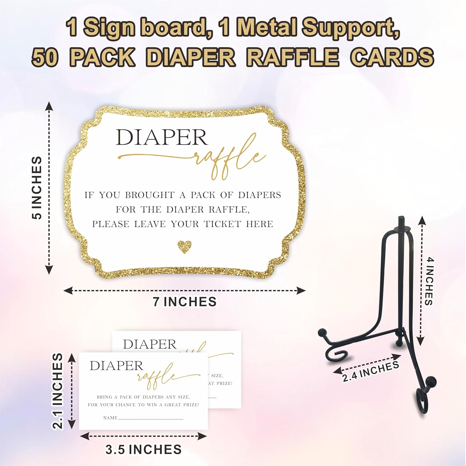Golden Diaper Party Game Set, 50 Pcs Diaper Raffle Tickets, 1 Wooden Sign & 1 Iron Stand, Gender Neutral Baby Shower Game Kit For Boys & Girl, Newborn Baby, Party Favor & Supplies - A01