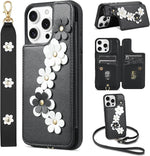 iPhone 16 Pro Wallet Case, Card Holder, Flower Design, Crossbody, PU Leather