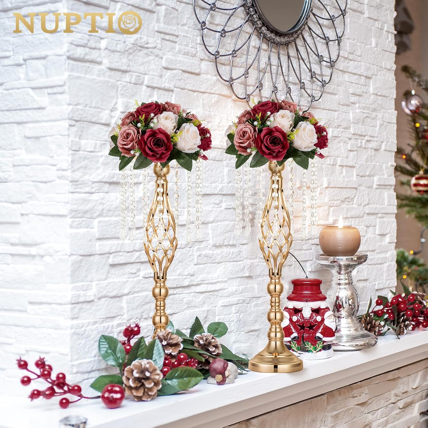 Artificial Flower Centrepieces For Tables - 6 Pcs Burgundy & Dusty Rose & Creamy White Fake Flowers Roses Balls 9.5In Diam - Silk Faux Rose Arrangement For Wedding Party Centerpiece Table Decor