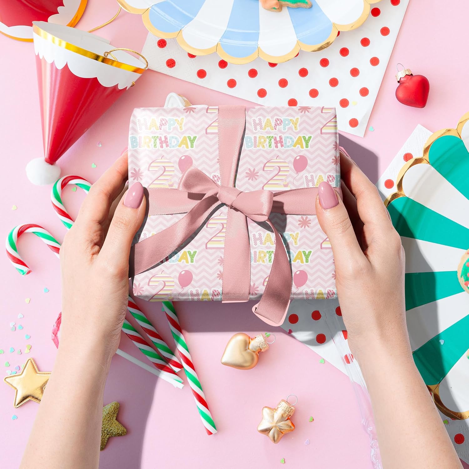 2St Birthday Wrapping Paper Roll - Pink Happy Birthday With Balloon Gift Wrap Sheets For Kids Girls Baby Shower Party Decoration Celebration Total 28.5Sq.Ft