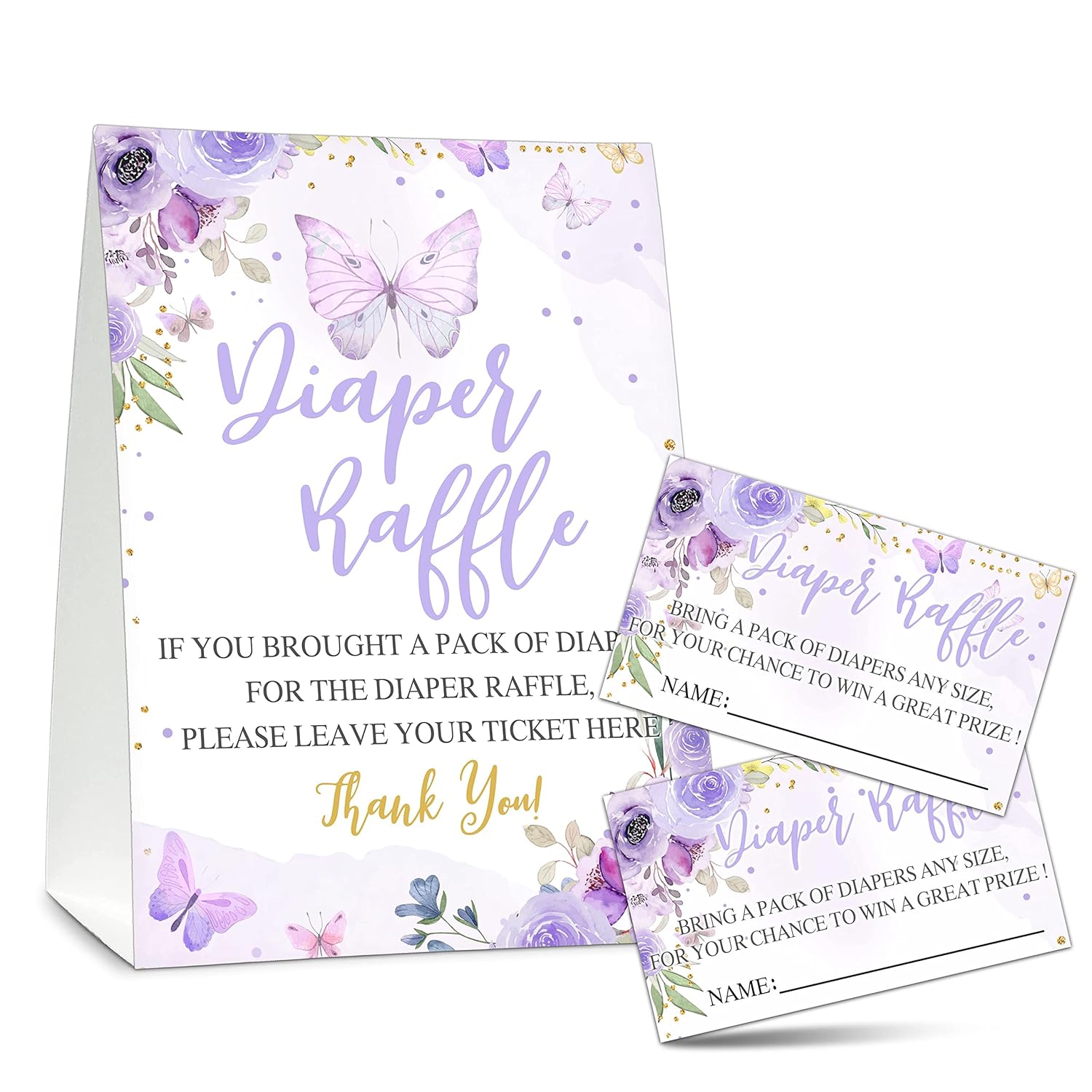 Baby Shower Game Set, 50 Diaper Raffle Tickets With 1 Standing Sign, Purple Butterfly Gender Reveal Party Decorations Supplies - B22