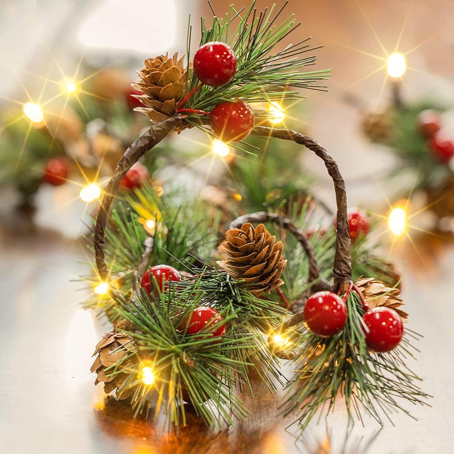 Pine Cone Christmas String Lights, Total 6.5Ft 20Led Battery Operated Christmas Garland With Red Berry Pine Cone Fairy S