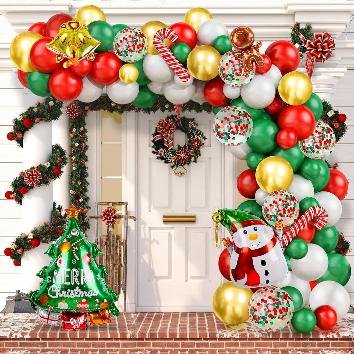 Christmas Balloon Garland Arch Kit, 202 Pcs Xmas Red White Green Gold Balloons With Snowman Candy Cane Santa Claus Foil Balloons For Christmas Party Decorations