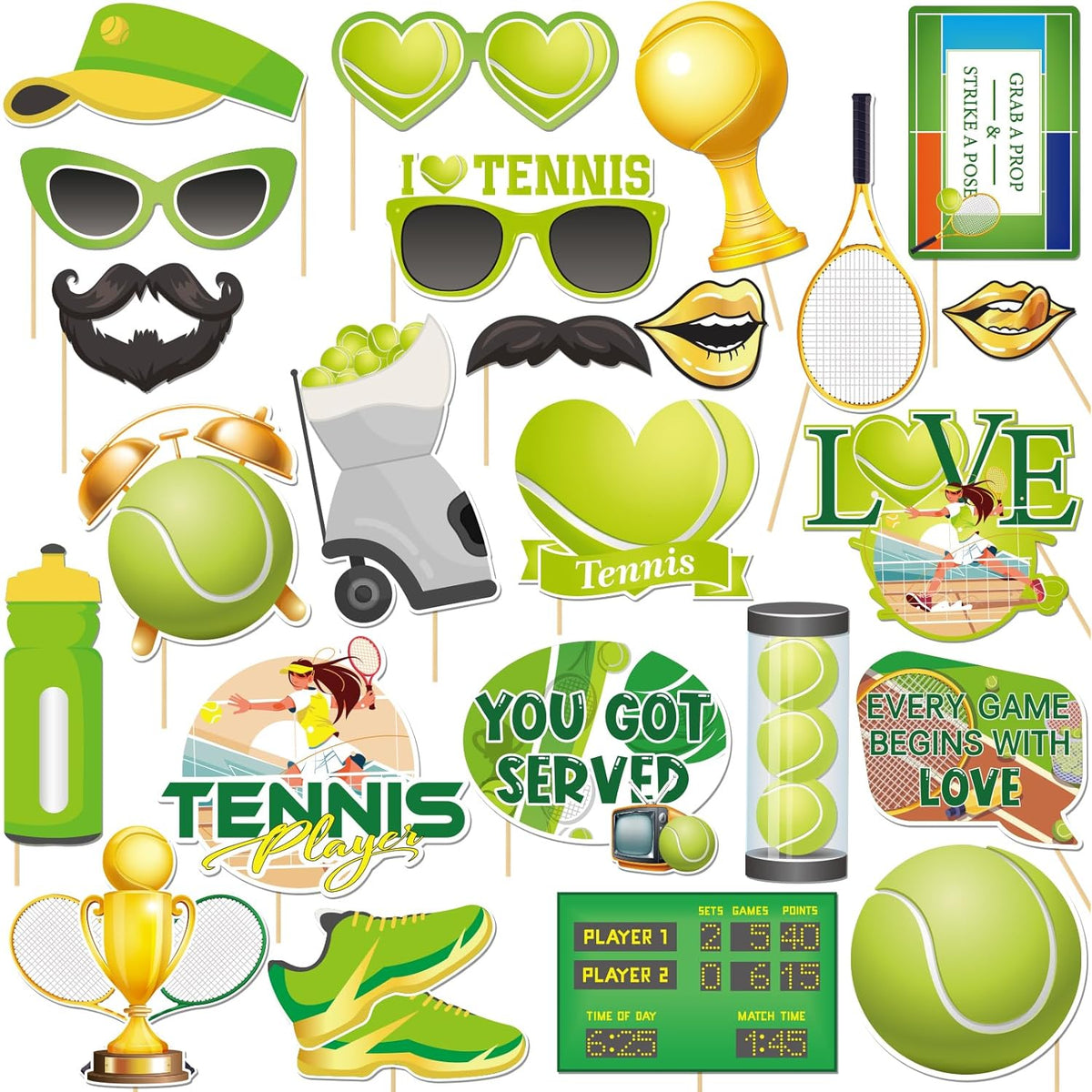 24 Pcs Tennis Photo Booth Props Kit, Sport Themed Birthday Party Selfie Decorations, Game Day, Baby Shower Kids Boys Men Birthday Party Photography Supplies
