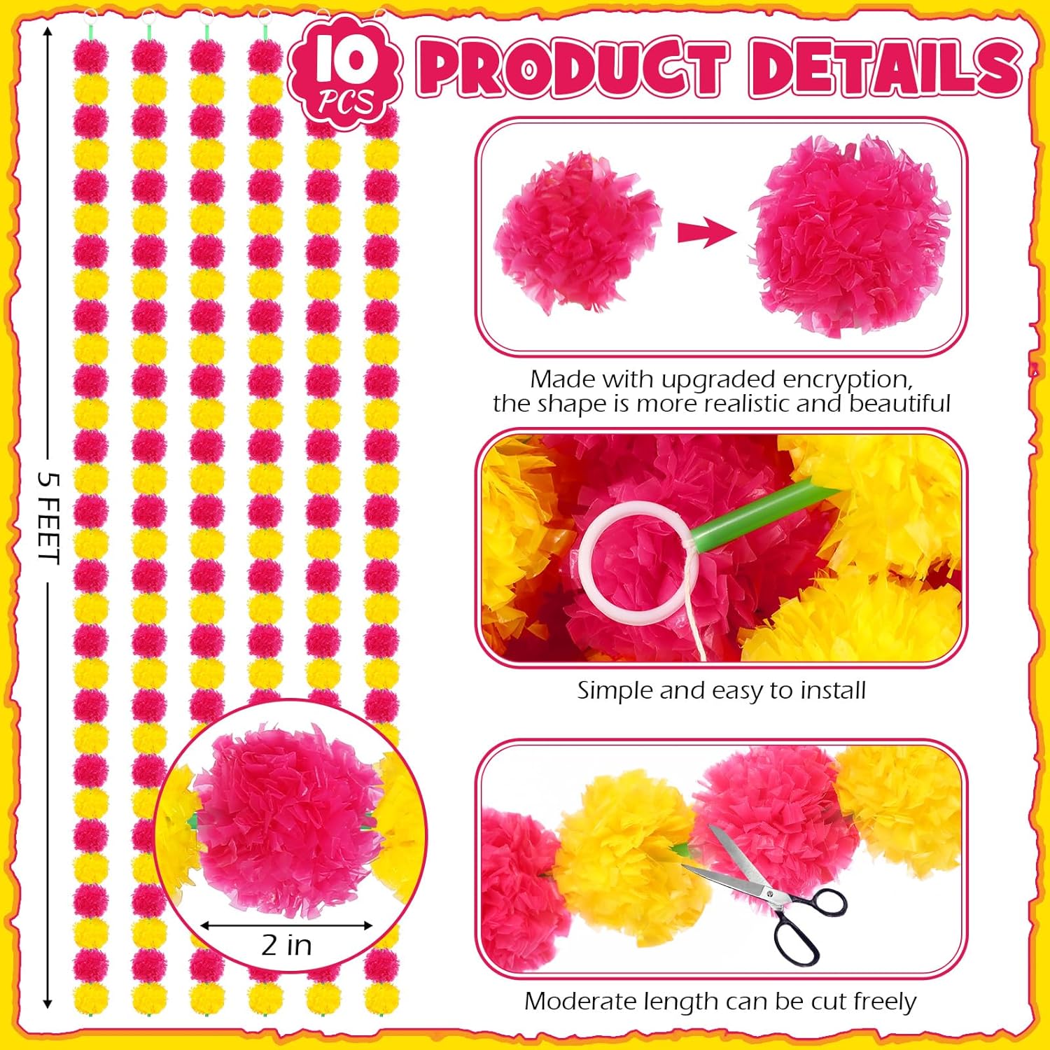 10 Pcs 5 Ft Marigold Garland Day Of The Dead Artificial Marigold Flowers Garland For Wedding Indian Diwali Decoration, Dia De Los Muertos Decoration (Yellow And Purple)