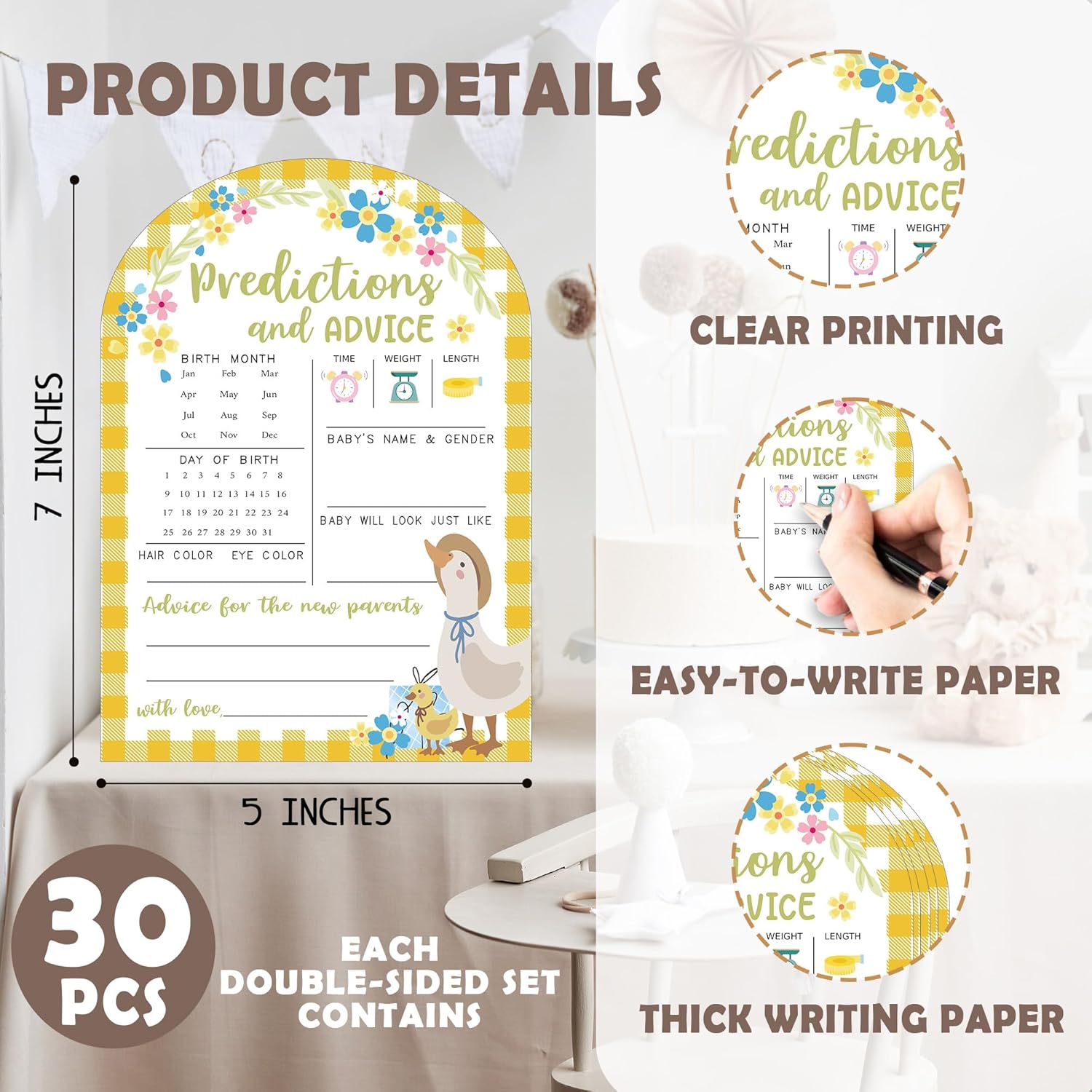 Floral Baby Predictions And Advice Cards - 30Pcs Duck Gender Reveal Games For Guests, 5 X 7 In Baby Shower Activities For Guests, Gender Neutral Decor Table Decorations For New Parents-Yellow