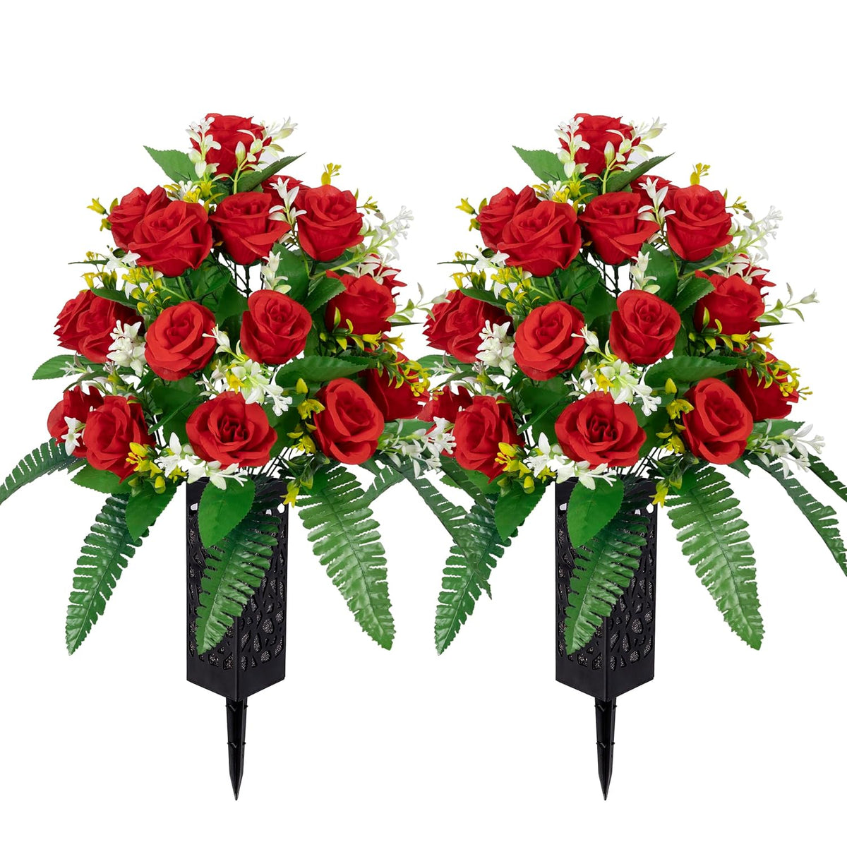Artificial Cemetery Flowers – Grave Decorations, Cemetery Flowers For Grave Vase, Artificial Rose, Silk Flowers For Long-Lasting Remembrance(Red, 2 Bouquets)