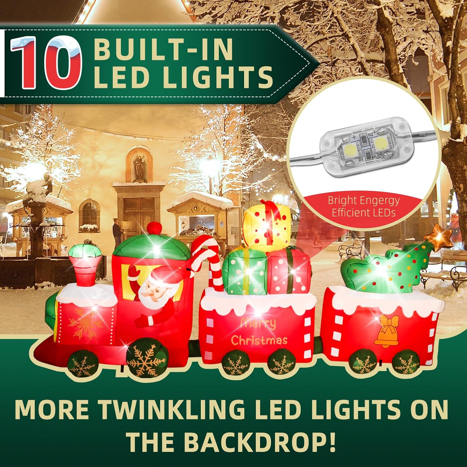 10 Ft Christmas Inflatables Train With Santa Claus Christmas Trees Built-In Led Lights Blow Up Christmas Decor For Chris