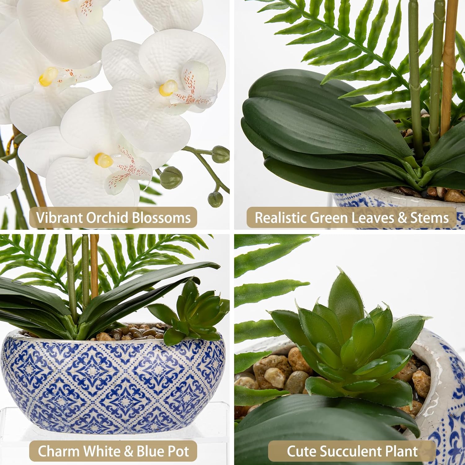 White Orchids Artificial Flowers In Pot 16.1" Faux Orchids Plant In Blue And White Pot Real Touch Fake Phalaenopsis Flower Arrangement Dinner Table Centerpiece For Dining Room Bathroom Decor