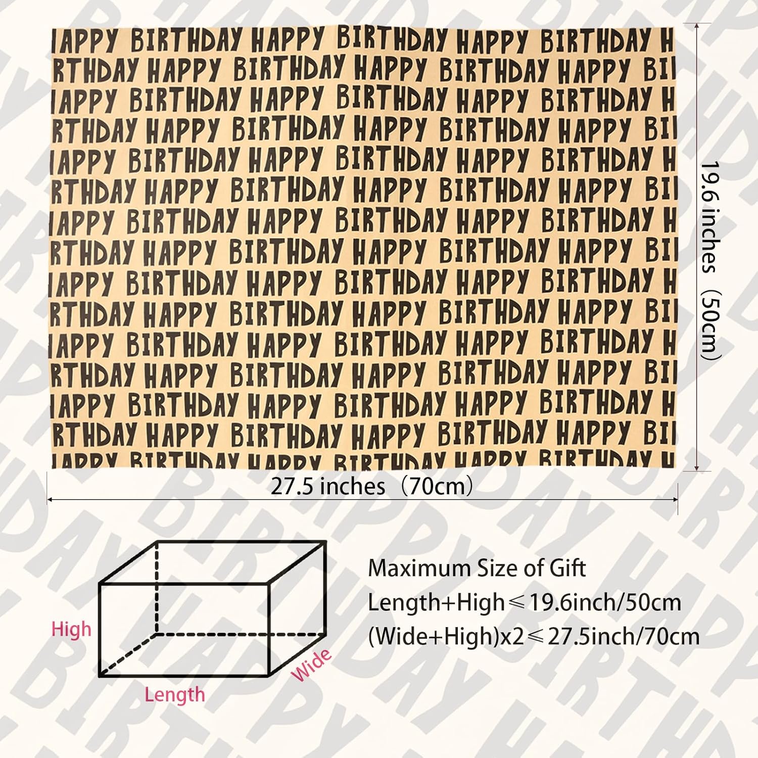 Kraft Birthday Wrapping Paper, 6 Sheets Gift Wrapping Paper-27.5 X 19.6 Inches Per Sheet, Classic Black Lettering Design Pattern For Men, Women, Boys